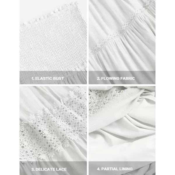 ZESICA Womens 2024 Summer Bohemian Strapless Off Shoulder Lace Trim Backless Flowy A Line Beach Long Maxi DressWhite
