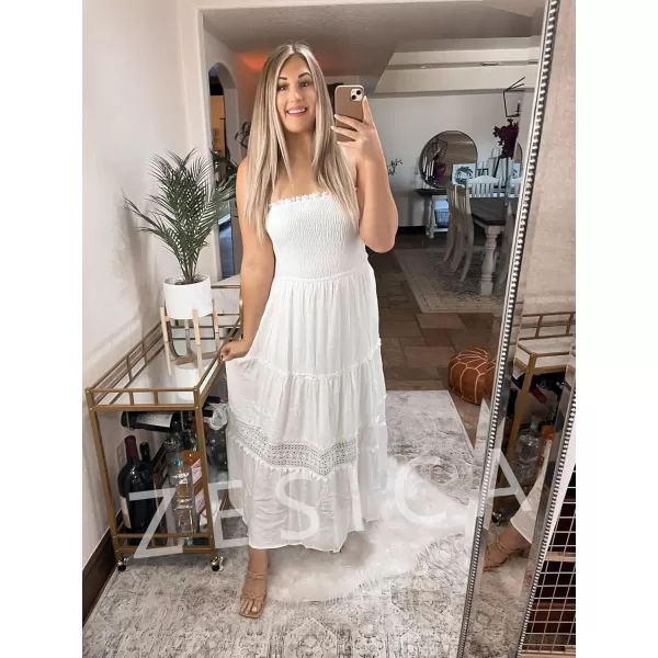 ZESICA Womens 2024 Summer Bohemian Strapless Off Shoulder Lace Trim Backless Flowy A Line Beach Long Maxi DressWhite