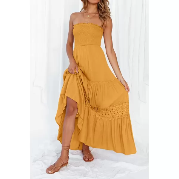 ZESICA Womens 2024 Summer Bohemian Strapless Off Shoulder Lace Trim Backless Flowy A Line Beach Long Maxi DressYellow