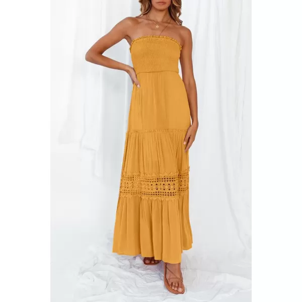 ZESICA Womens 2024 Summer Bohemian Strapless Off Shoulder Lace Trim Backless Flowy A Line Beach Long Maxi DressYellow