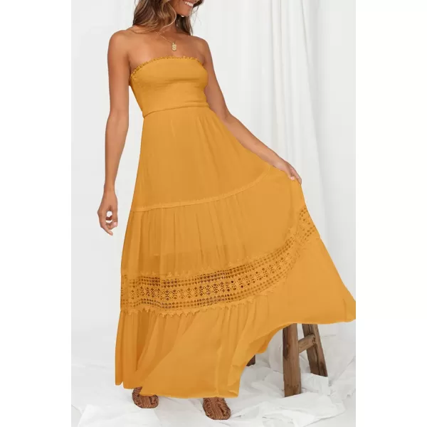ZESICA Womens 2024 Summer Bohemian Strapless Off Shoulder Lace Trim Backless Flowy A Line Beach Long Maxi DressYellow