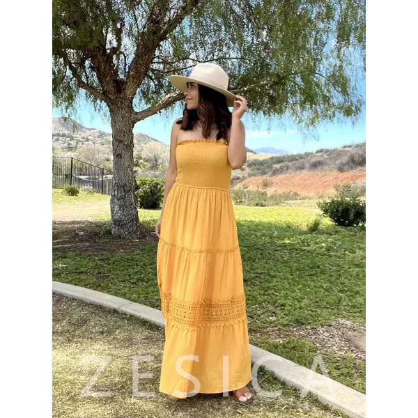 ZESICA Womens 2024 Summer Bohemian Strapless Off Shoulder Lace Trim Backless Flowy A Line Beach Long Maxi DressYellow
