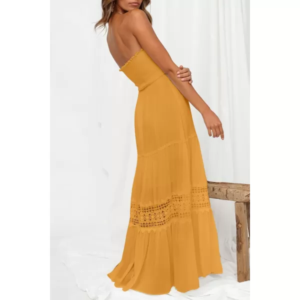 ZESICA Womens 2024 Summer Bohemian Strapless Off Shoulder Lace Trim Backless Flowy A Line Beach Long Maxi DressYellow