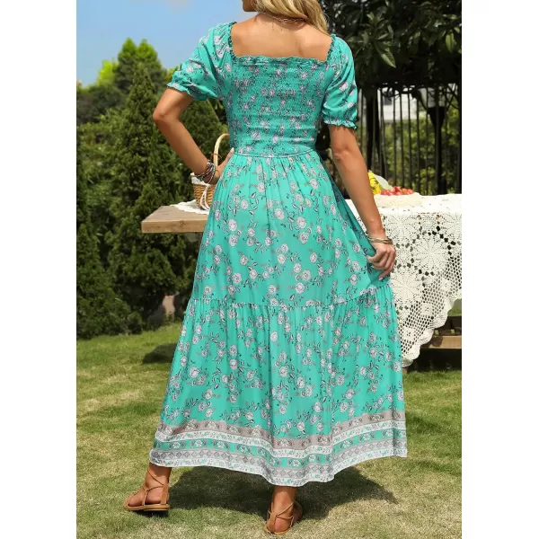 ZESICA Womens 2024 Summer Boho Floral Print Square Neck Ruffle Swing Beach Long Maxi DressAqua