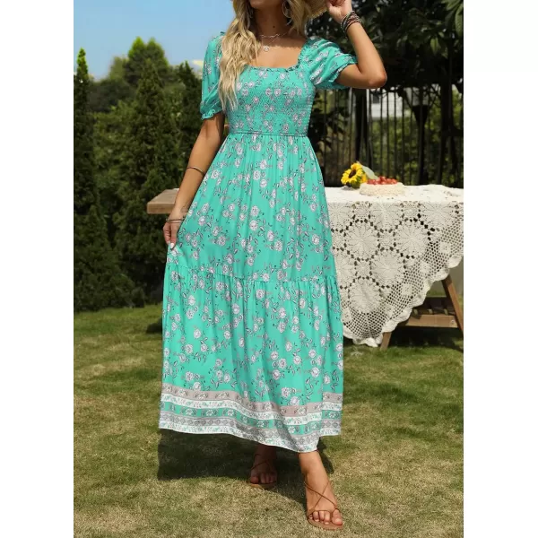 ZESICA Womens 2024 Summer Boho Floral Print Square Neck Ruffle Swing Beach Long Maxi DressAqua
