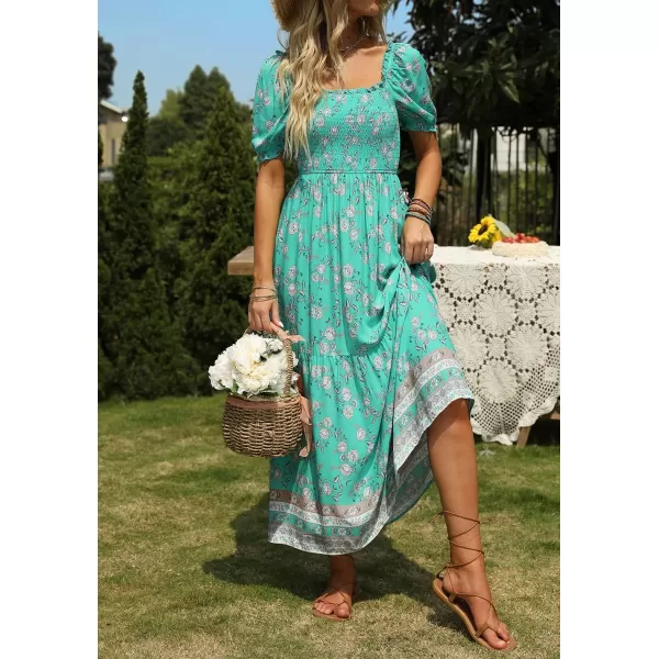 ZESICA Womens 2024 Summer Boho Floral Print Square Neck Ruffle Swing Beach Long Maxi DressAqua