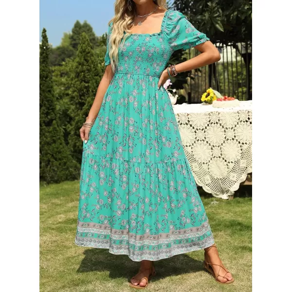ZESICA Womens 2024 Summer Boho Floral Print Square Neck Ruffle Swing Beach Long Maxi DressAqua