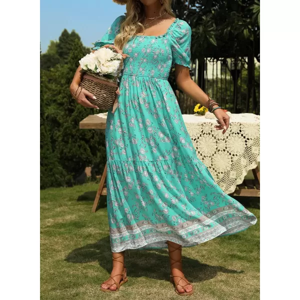 ZESICA Womens 2024 Summer Boho Floral Print Square Neck Ruffle Swing Beach Long Maxi DressAqua