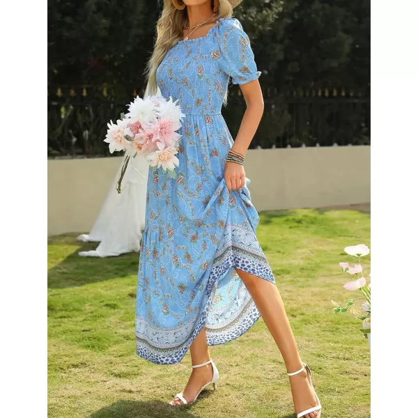 ZESICA Womens 2024 Summer Boho Floral Print Square Neck Ruffle Swing Beach Long Maxi DressBlue