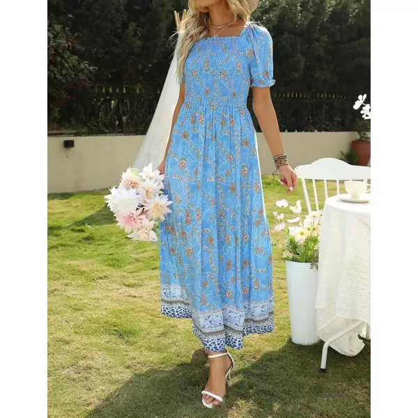 ZESICA Womens 2024 Summer Boho Floral Print Square Neck Ruffle Swing Beach Long Maxi DressBlue