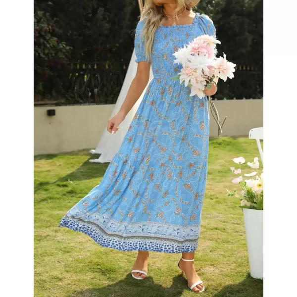 ZESICA Womens 2024 Summer Boho Floral Print Square Neck Ruffle Swing Beach Long Maxi DressBlue