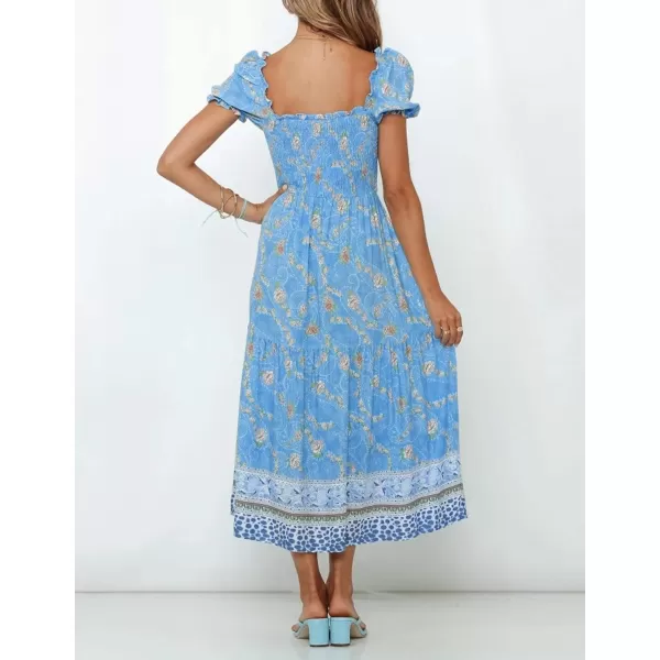 ZESICA Womens 2024 Summer Boho Floral Print Square Neck Ruffle Swing Beach Long Maxi DressBlue
