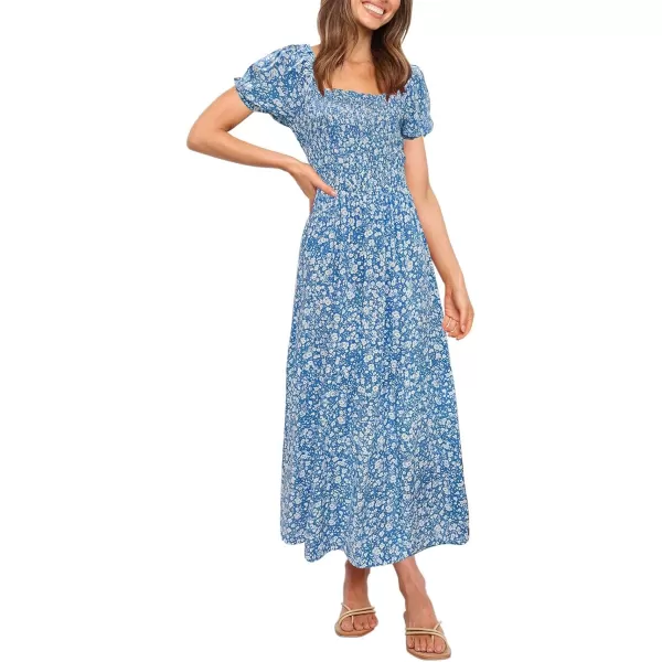 ZESICA Womens 2024 Summer Boho Floral Print Square Neck Ruffle Swing Beach Long Maxi DressBlue2