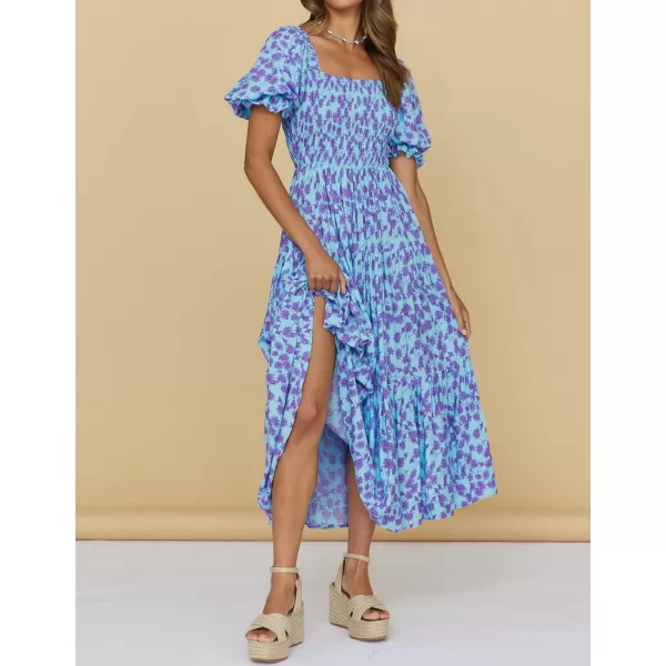 ZESICA Womens 2024 Summer Boho Floral Print Square Neck Ruffle Swing Beach Long Maxi DressBluishviolet
