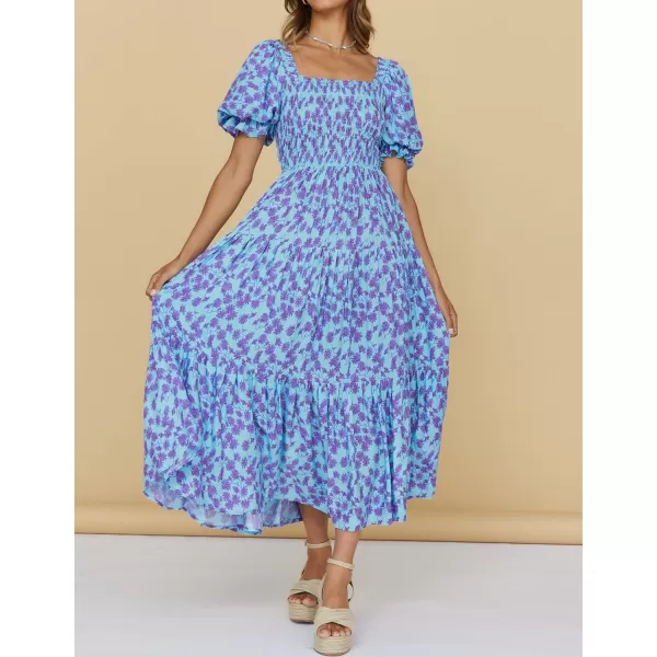 ZESICA Womens 2024 Summer Boho Floral Print Square Neck Ruffle Swing Beach Long Maxi DressBluishviolet