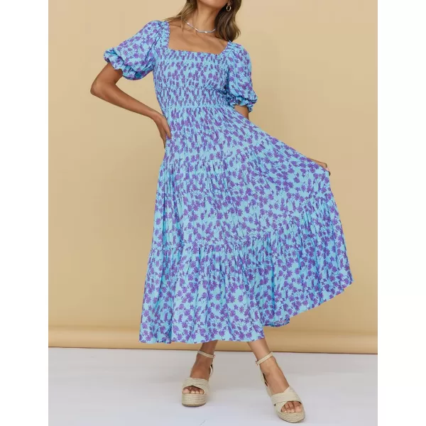 ZESICA Womens 2024 Summer Boho Floral Print Square Neck Ruffle Swing Beach Long Maxi DressBluishviolet