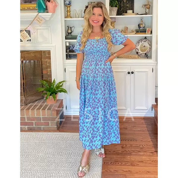 ZESICA Womens 2024 Summer Boho Floral Print Square Neck Ruffle Swing Beach Long Maxi DressBluishviolet