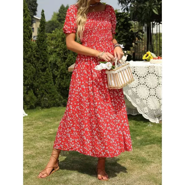 ZESICA Womens 2024 Summer Boho Floral Print Square Neck Ruffle Swing Beach Long Maxi DressCherry