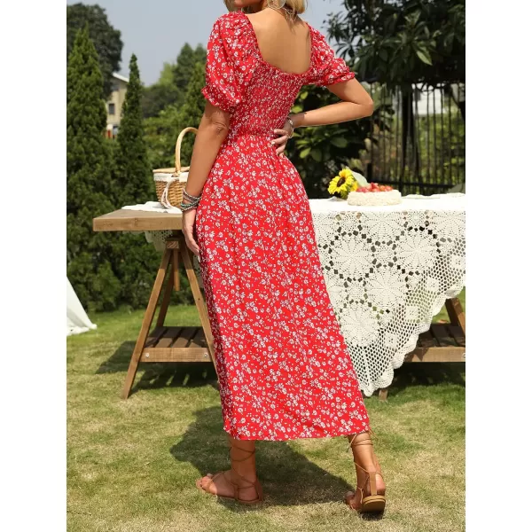 ZESICA Womens 2024 Summer Boho Floral Print Square Neck Ruffle Swing Beach Long Maxi DressCherry