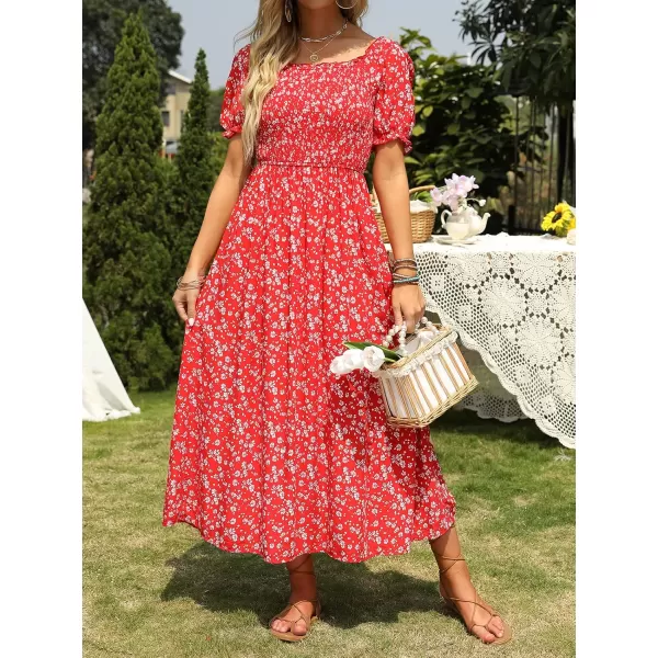 ZESICA Womens 2024 Summer Boho Floral Print Square Neck Ruffle Swing Beach Long Maxi DressCherry