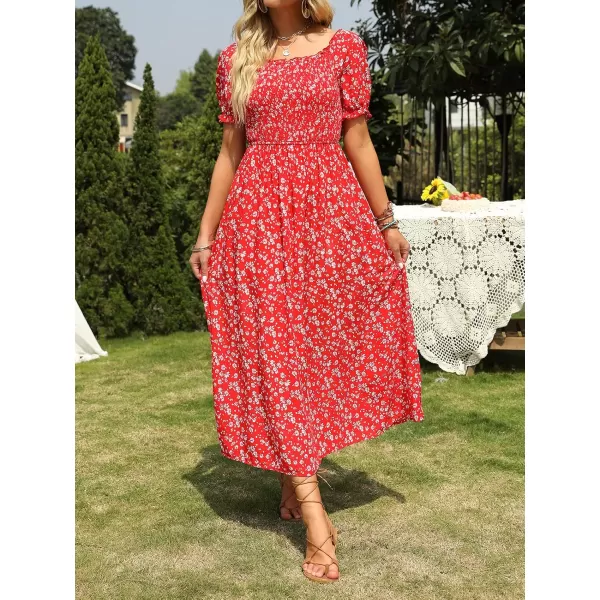 ZESICA Womens 2024 Summer Boho Floral Print Square Neck Ruffle Swing Beach Long Maxi DressCherry