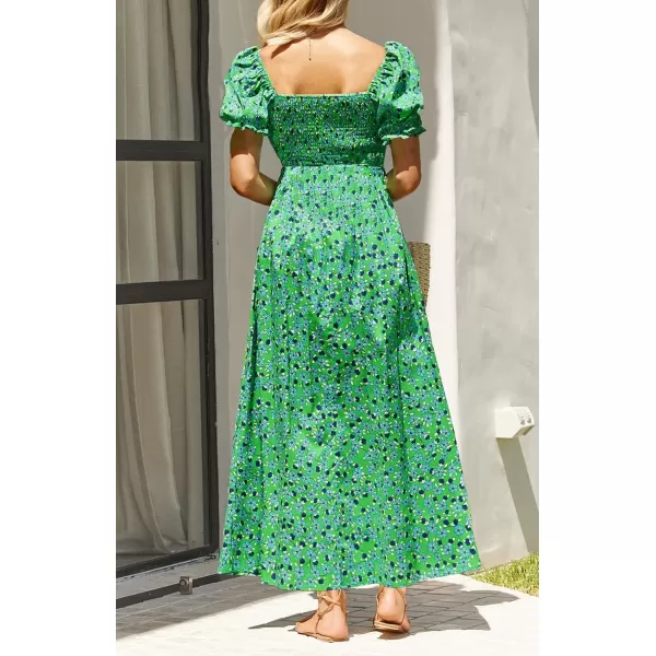 ZESICA Womens 2024 Summer Boho Floral Print Square Neck Ruffle Swing Beach Long Maxi DressGrassgreen