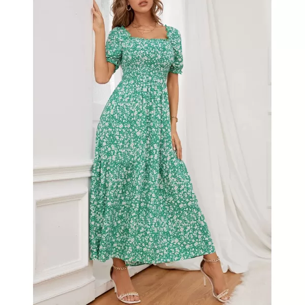 ZESICA Womens 2024 Summer Boho Floral Print Square Neck Ruffle Swing Beach Long Maxi DressGreen
