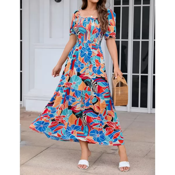 ZESICA Womens 2024 Summer Boho Floral Print Square Neck Ruffle Swing Beach Long Maxi DressGreenblue