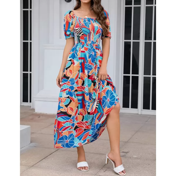 ZESICA Womens 2024 Summer Boho Floral Print Square Neck Ruffle Swing Beach Long Maxi DressGreenblue
