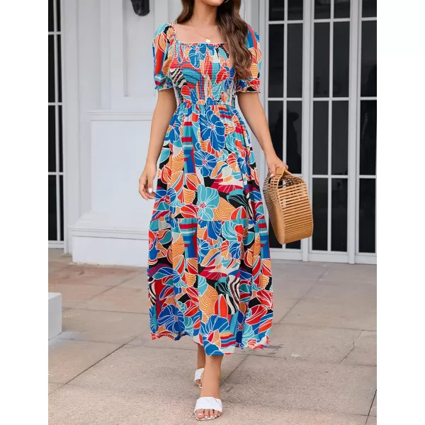 ZESICA Womens 2024 Summer Boho Floral Print Square Neck Ruffle Swing Beach Long Maxi DressGreenblue