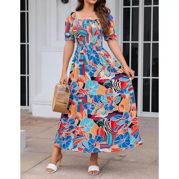 ZESICA Womens 2024 Summer Boho Floral Print Square Neck Ruffle Swing Beach Long Maxi DressGreenblue
