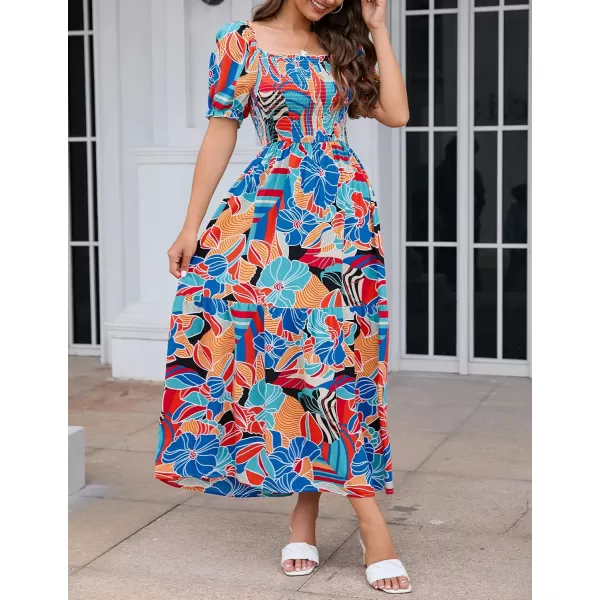 ZESICA Womens 2024 Summer Boho Floral Print Square Neck Ruffle Swing Beach Long Maxi DressGreenblue