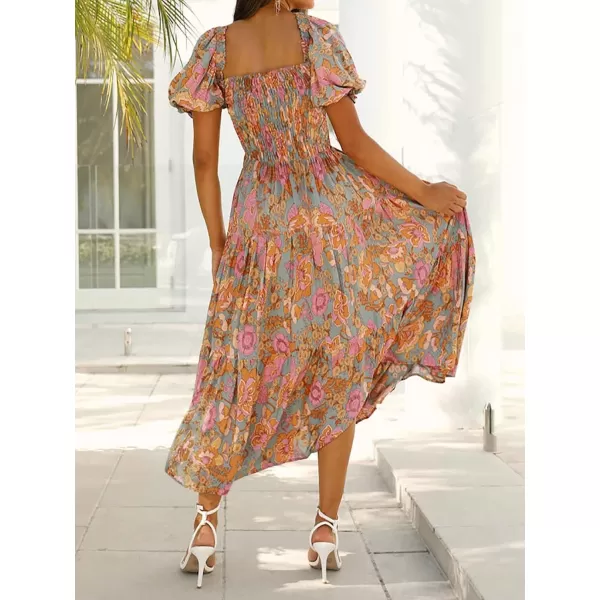 ZESICA Womens 2024 Summer Boho Floral Print Square Neck Ruffle Swing Beach Long Maxi DressGreygreen