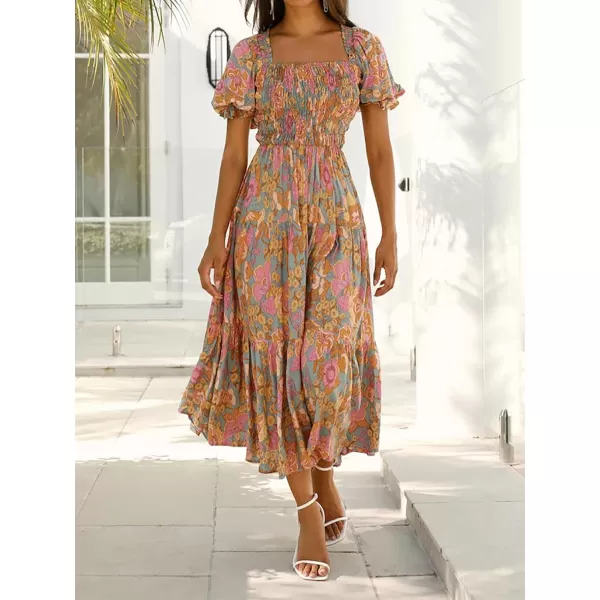 ZESICA Womens 2024 Summer Boho Floral Print Square Neck Ruffle Swing Beach Long Maxi DressGreygreen
