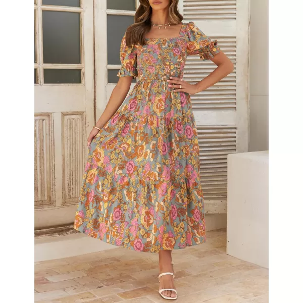 ZESICA Womens 2024 Summer Boho Floral Print Square Neck Ruffle Swing Beach Long Maxi DressGreygreen