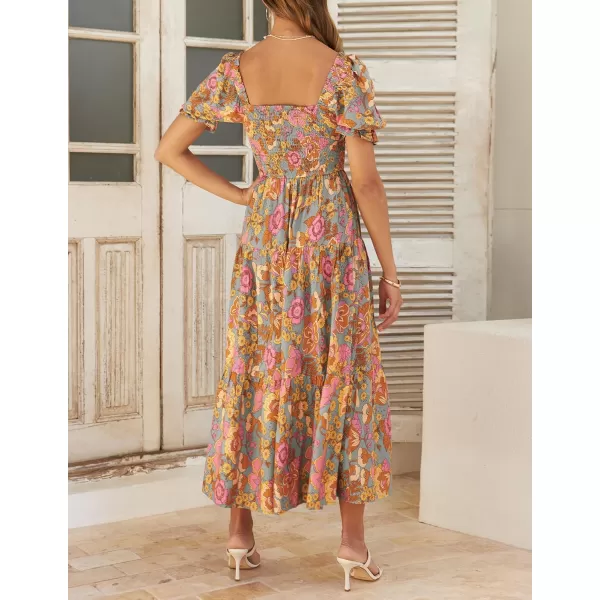 ZESICA Womens 2024 Summer Boho Floral Print Square Neck Ruffle Swing Beach Long Maxi DressGreygreen