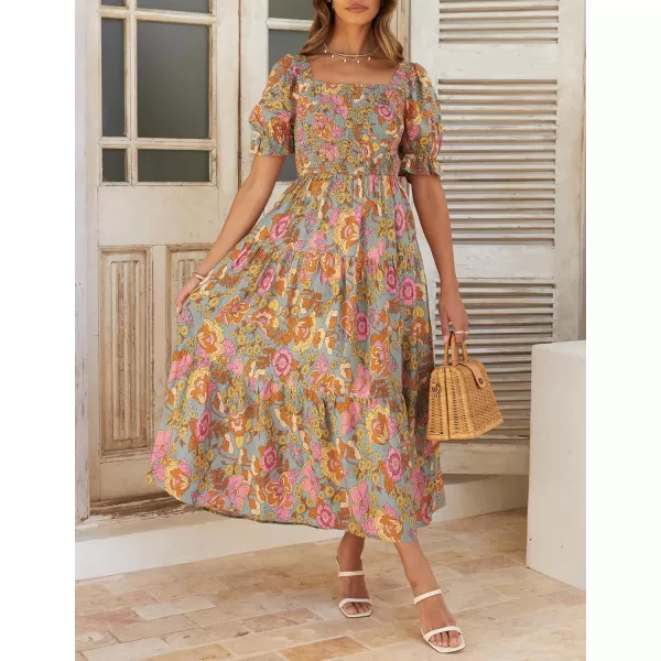 ZESICA Womens 2024 Summer Boho Floral Print Square Neck Ruffle Swing Beach Long Maxi DressGreygreen