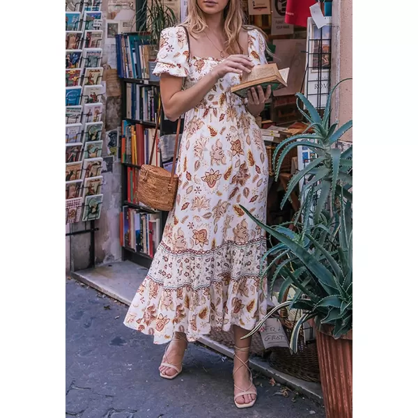 ZESICA Womens 2024 Summer Boho Floral Print Square Neck Ruffle Swing Beach Long Maxi DressIvory