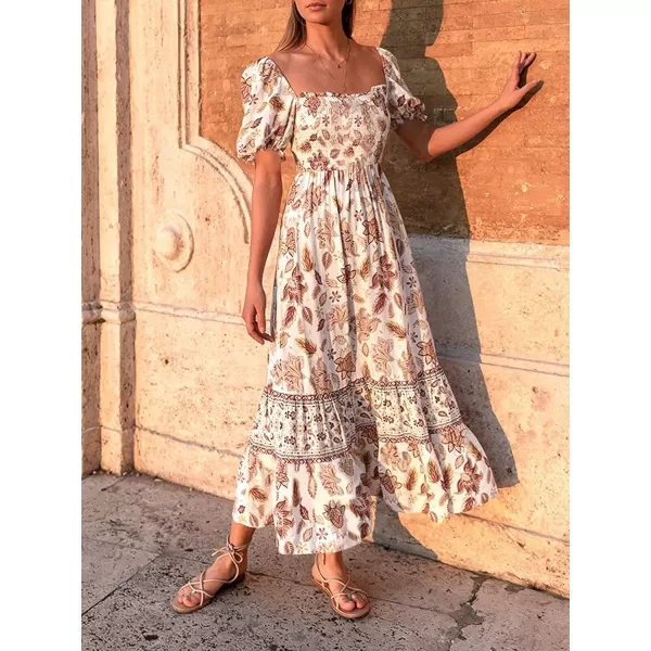 ZESICA Womens 2024 Summer Boho Floral Print Square Neck Ruffle Swing Beach Long Maxi DressIvory