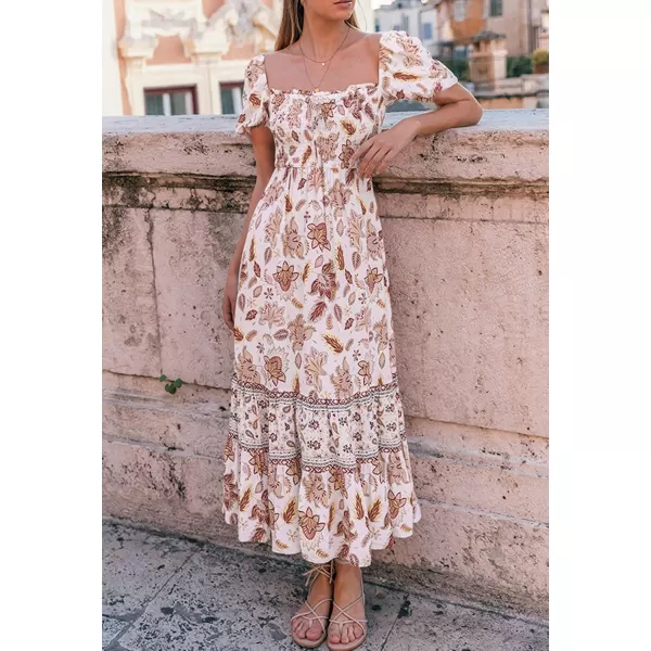 ZESICA Womens 2024 Summer Boho Floral Print Square Neck Ruffle Swing Beach Long Maxi DressIvory