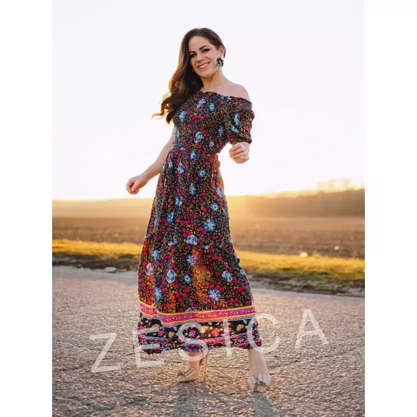 ZESICA Womens 2024 Summer Boho Floral Print Square Neck Ruffle Swing Beach Long Maxi DressNavy