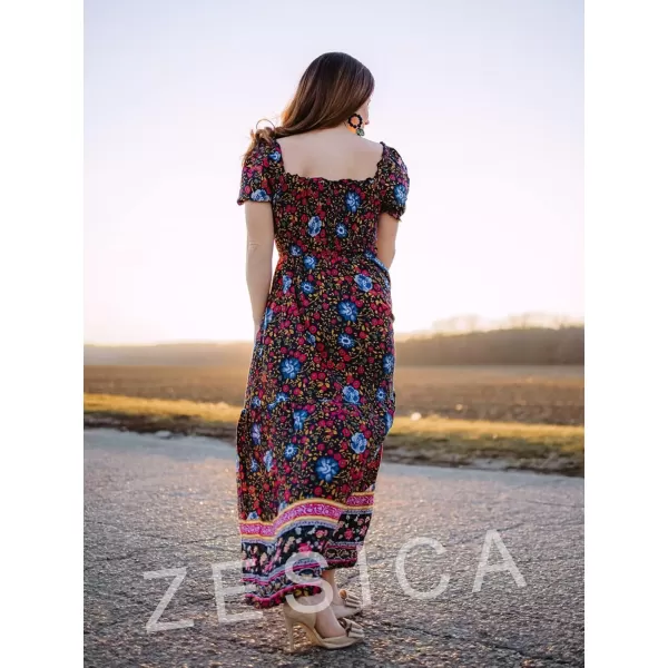 ZESICA Womens 2024 Summer Boho Floral Print Square Neck Ruffle Swing Beach Long Maxi DressNavy