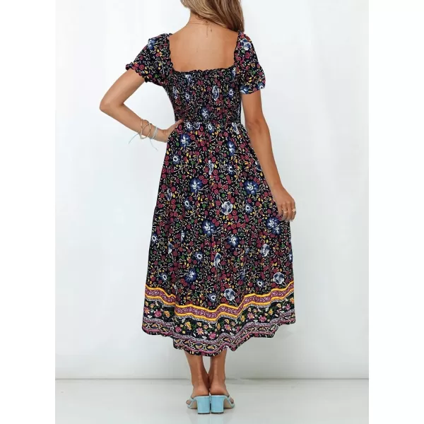 ZESICA Womens 2024 Summer Boho Floral Print Square Neck Ruffle Swing Beach Long Maxi DressNavy