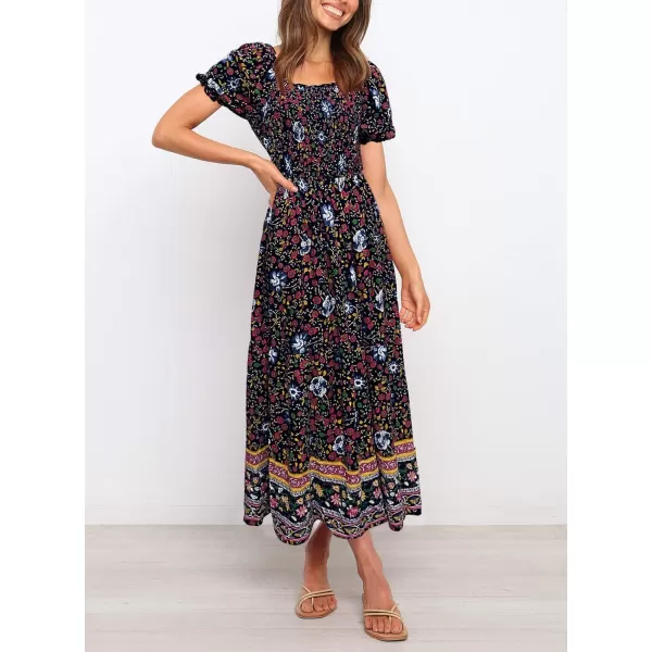 ZESICA Womens 2024 Summer Boho Floral Print Square Neck Ruffle Swing Beach Long Maxi DressNavy
