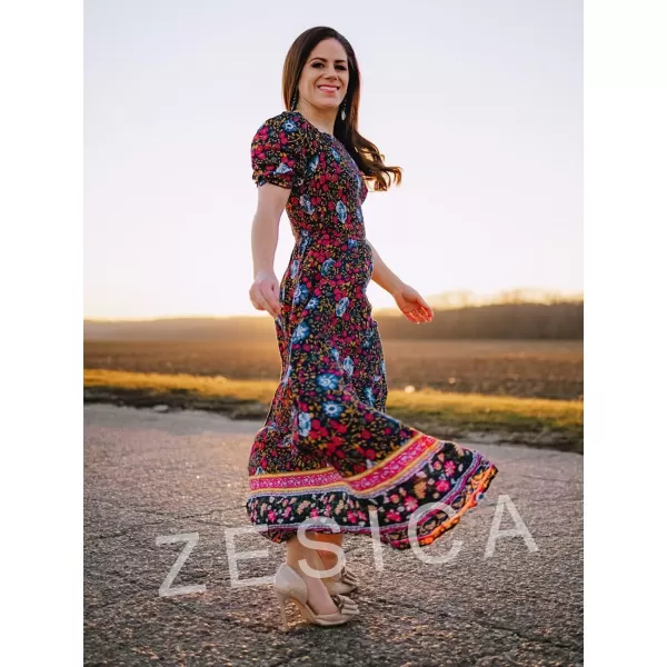 ZESICA Womens 2024 Summer Boho Floral Print Square Neck Ruffle Swing Beach Long Maxi DressNavy
