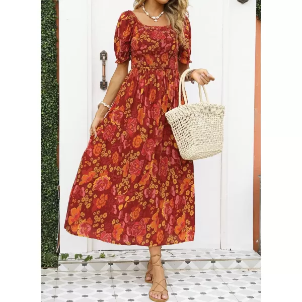 ZESICA Womens 2024 Summer Boho Floral Print Square Neck Ruffle Swing Beach Long Maxi DressOrangeRed