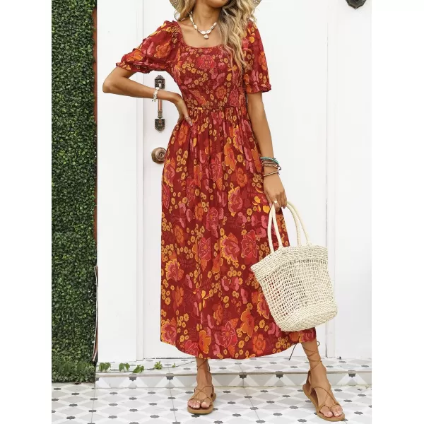 ZESICA Womens 2024 Summer Boho Floral Print Square Neck Ruffle Swing Beach Long Maxi DressOrangeRed