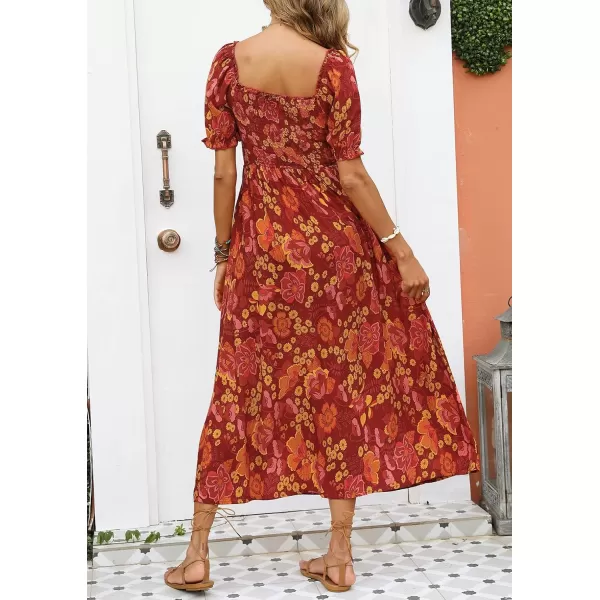 ZESICA Womens 2024 Summer Boho Floral Print Square Neck Ruffle Swing Beach Long Maxi DressOrangeRed