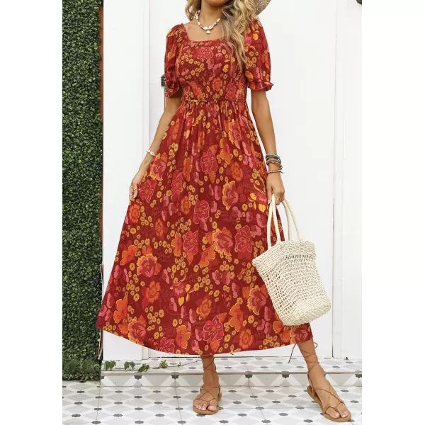 ZESICA Womens 2024 Summer Boho Floral Print Square Neck Ruffle Swing Beach Long Maxi DressOrangeRed