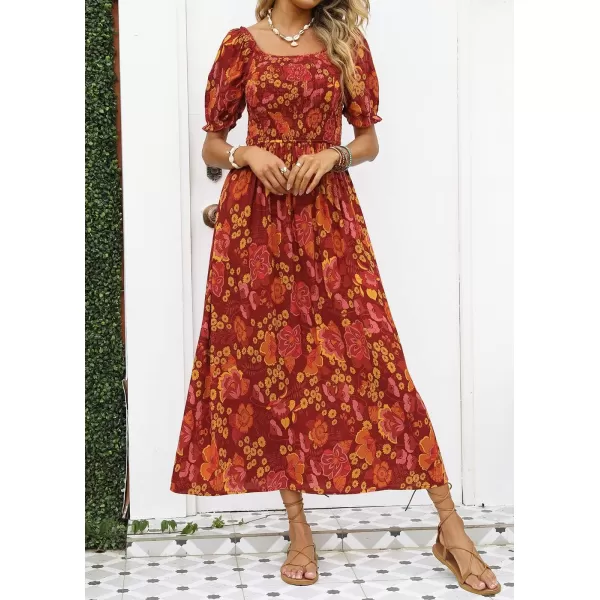 ZESICA Womens 2024 Summer Boho Floral Print Square Neck Ruffle Swing Beach Long Maxi DressOrangeRed